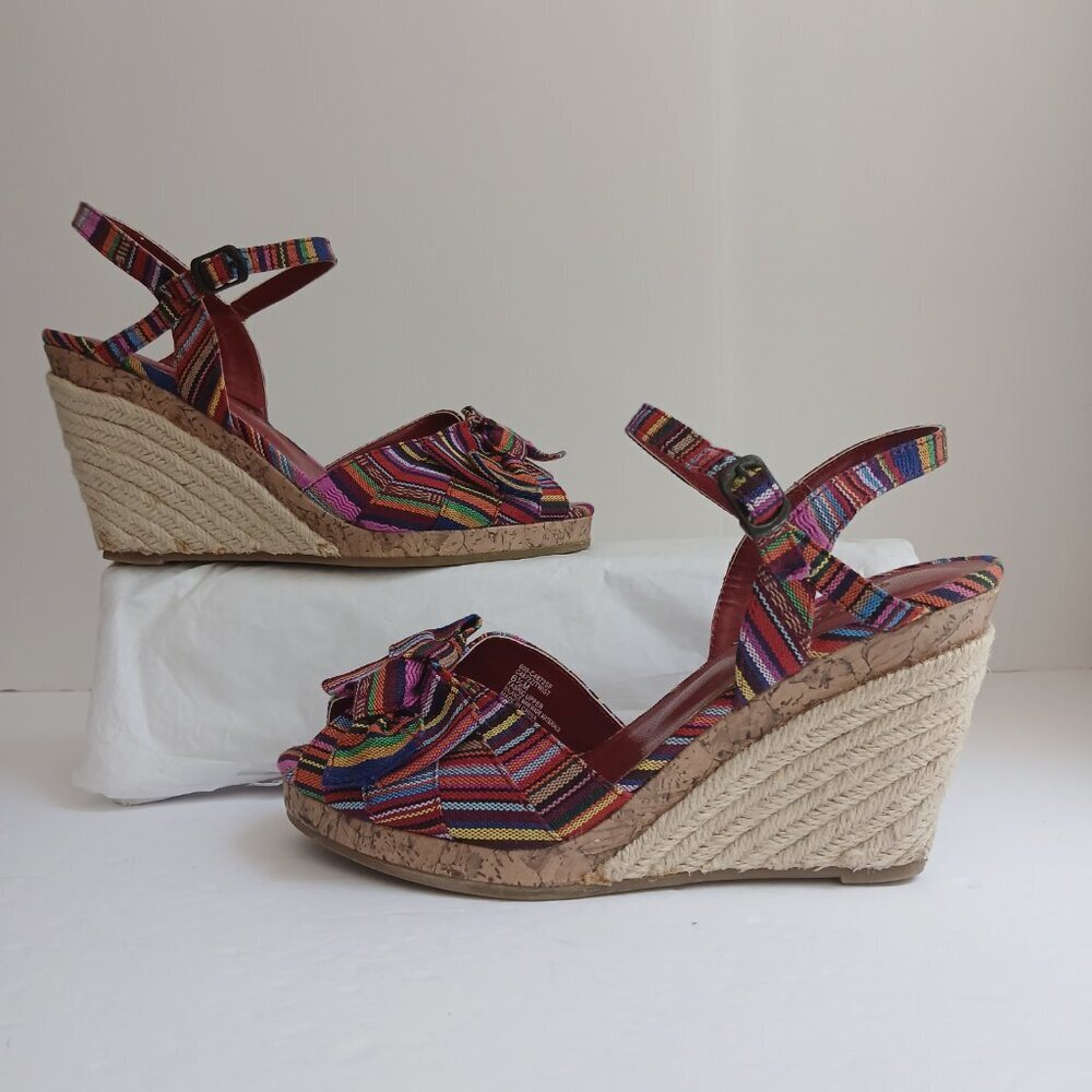 Multicolored Striped Fabric Peeptoe Cork&Rope Ankle Strap Wedge Sandals Sz 6.5 - Picture 11 of 13